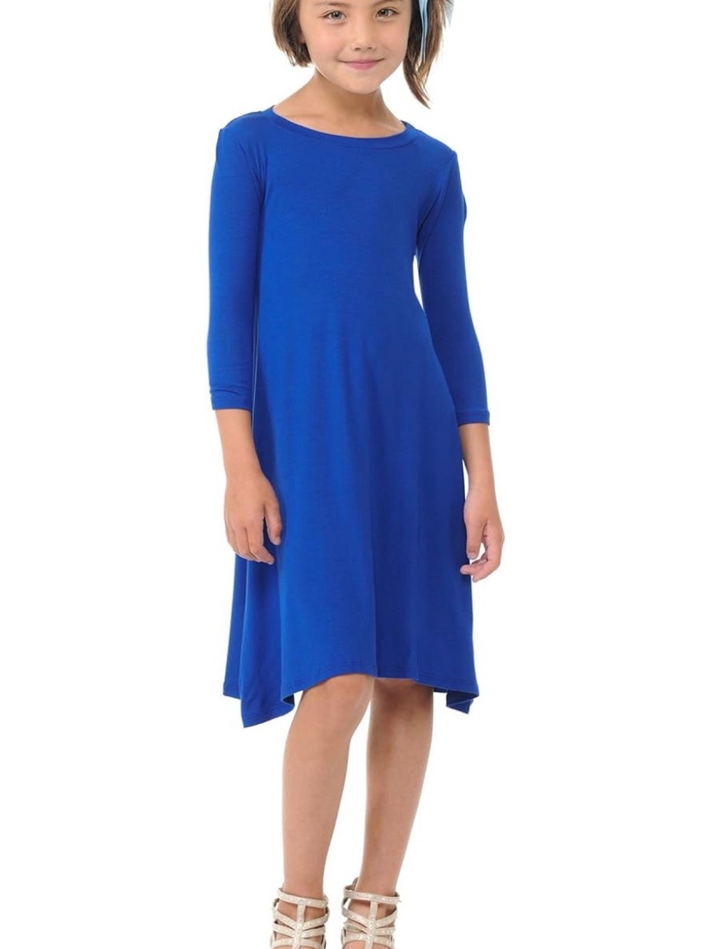 Girls' Royal Blue Three-Quarter Sleeve Swing Dress